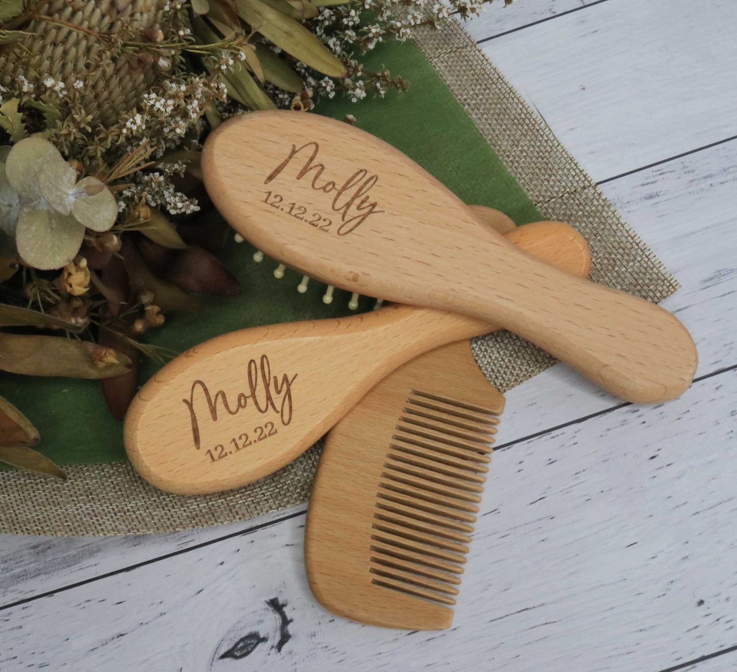 Natural wood baby grooming set with custom engraving