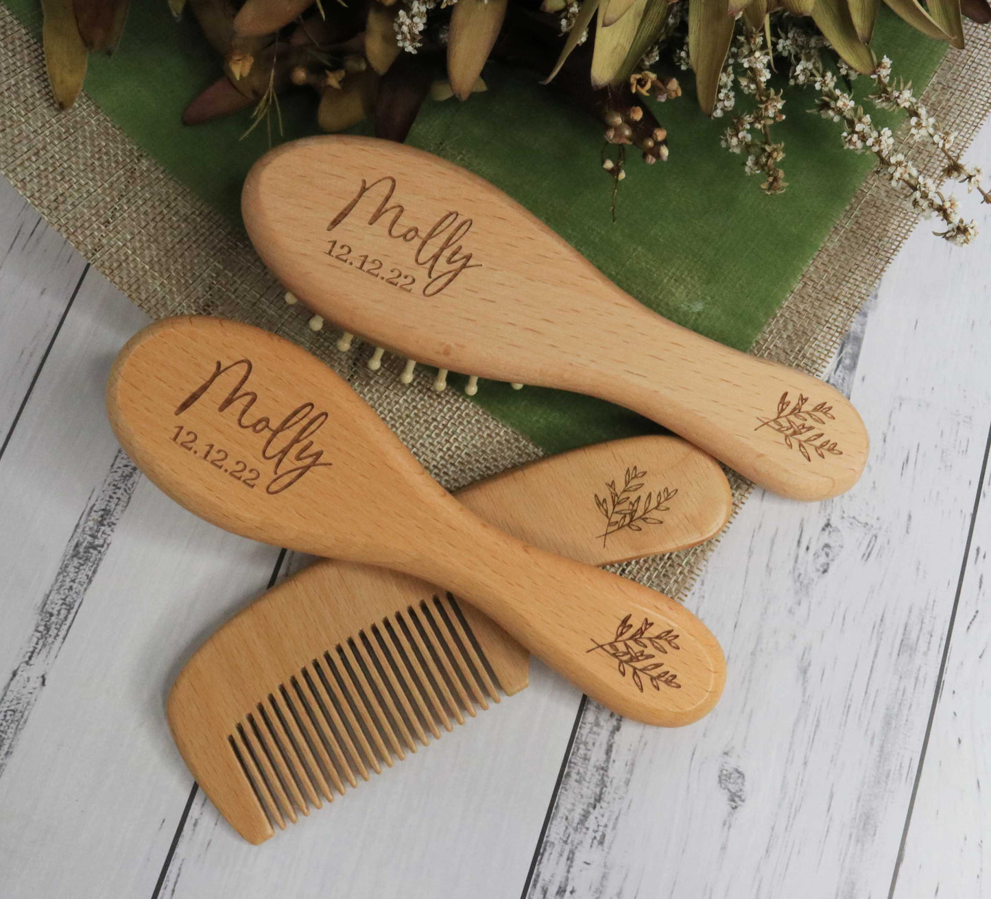 Personalised Baby Brush Set close up of engraving