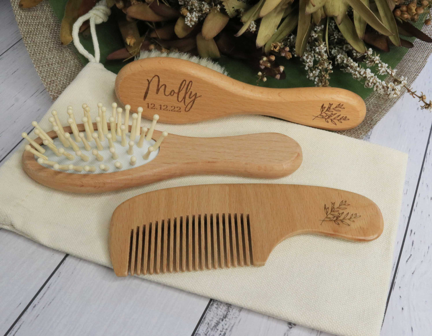 Natural wood baby grooming set with custom engraving bristle view