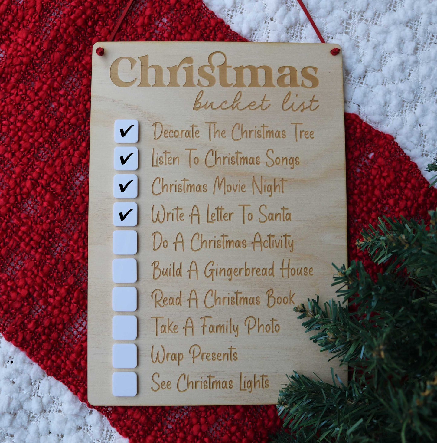 Christmas Bucket List with red faux suede hanging string