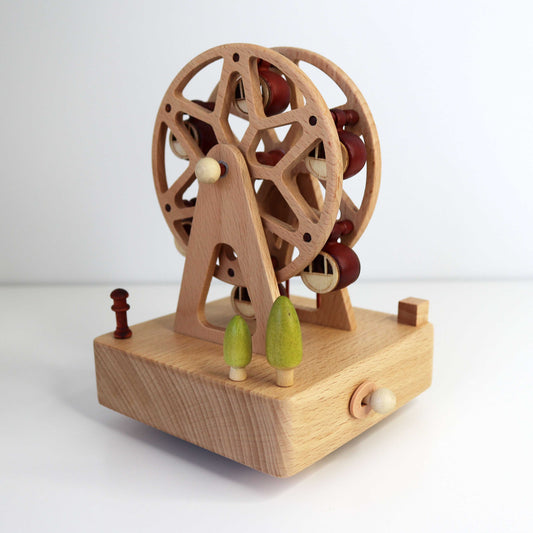 Custom Wooden Ferris Wheel Musical Carousel Corner View with Mini Carriages and Trees showing On and Off Switch