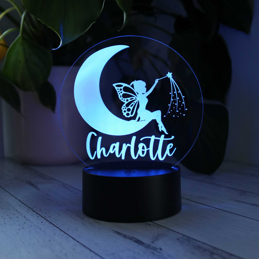 Custom Kids Fairy Moon Night Light shown with blue LED colour light