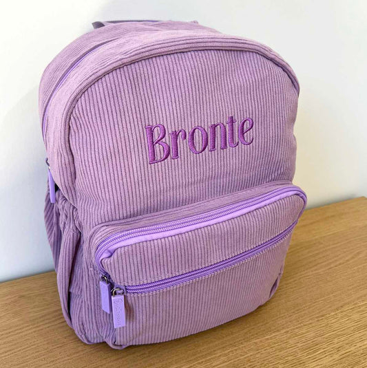 Purple Corduroy Kids Personalised Backpack with Custom Purple Embroidered Name Bronte