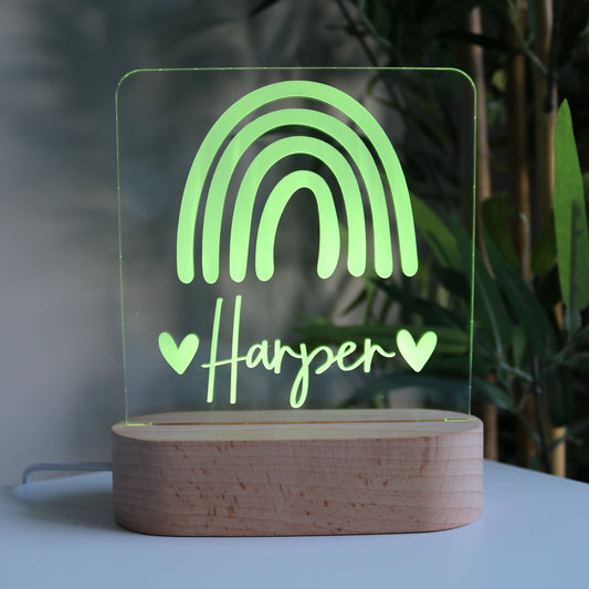 Personalised Wooden Kids Night Light Rainbow Yellow Light