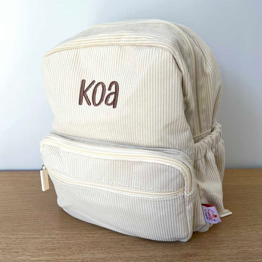 Cream Kids Personalised Corduroy Backpack with Koa Embroidered Name in Brown Thread