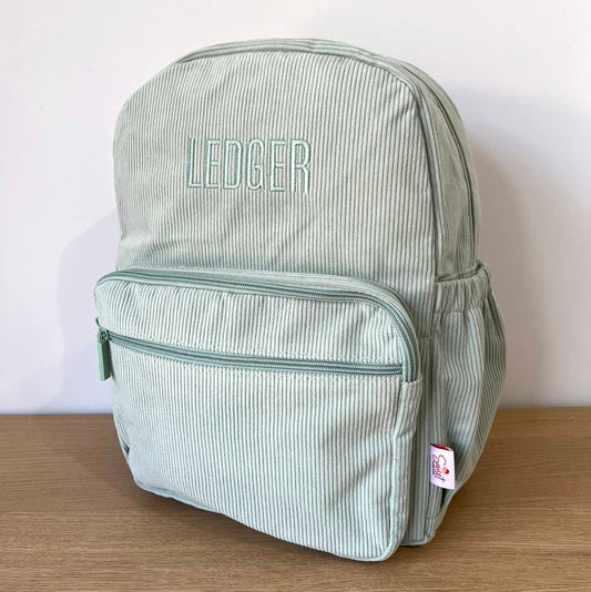 Large Green Corduroy Backpack for Kids Embroidered with Green Thread and Name Ledger