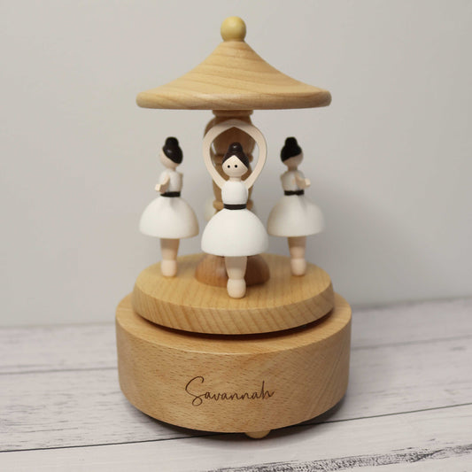 Personalised Wooden Ballerina Musical Carousel with Custom Laser Engraving for Savannah