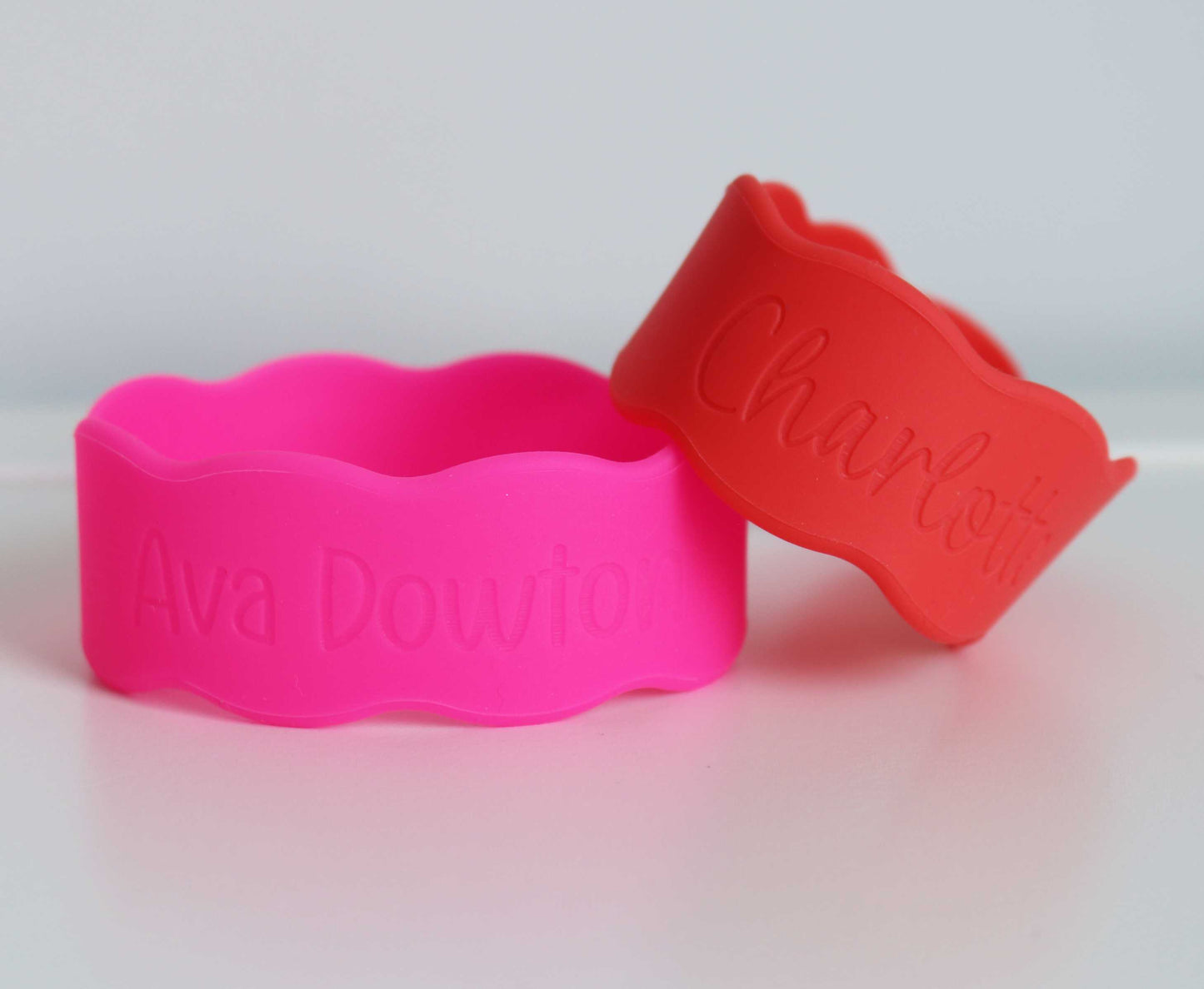 Close-up of engraved name on silicone bottle band