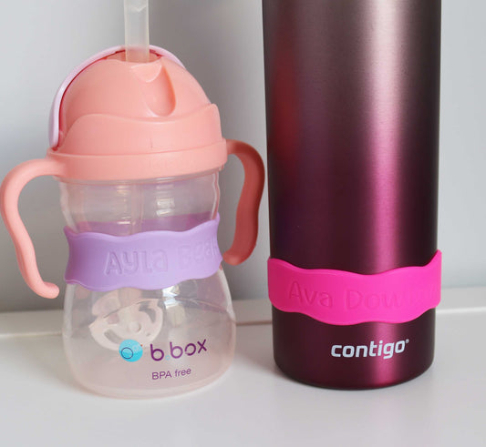 Wavy design custom name band on colourful water bottle