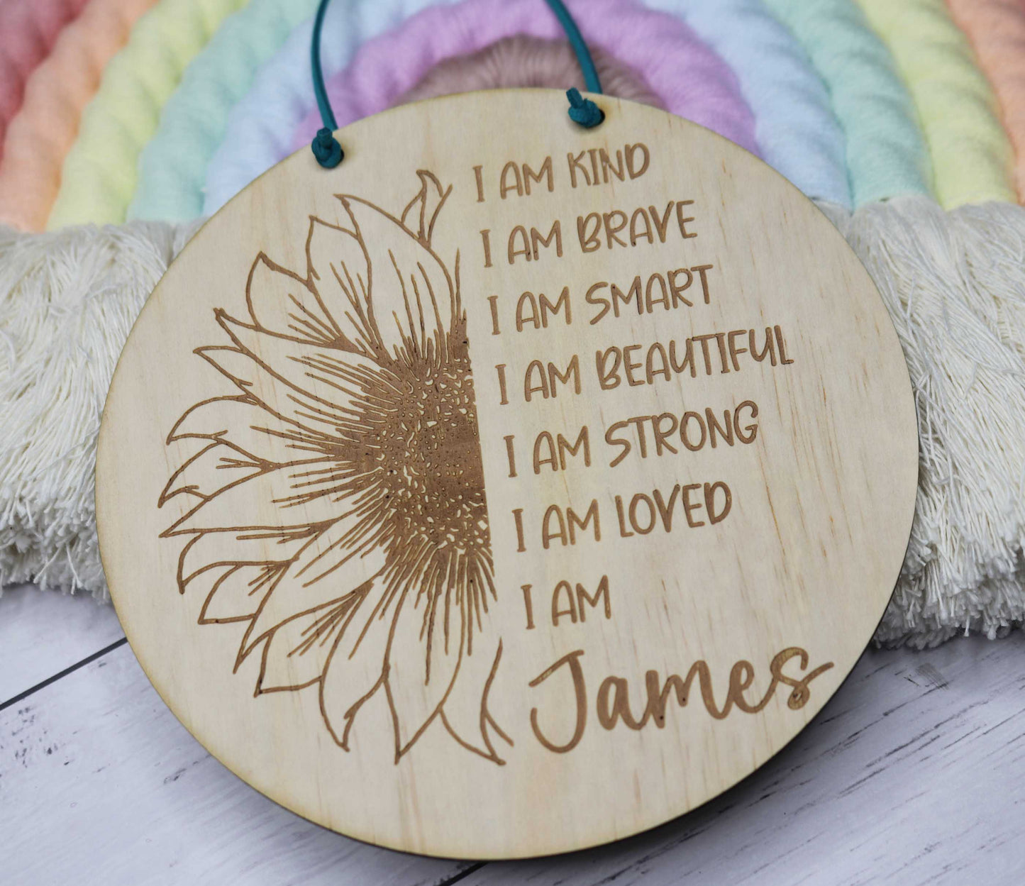 Custom engraved name on round wooden plaque