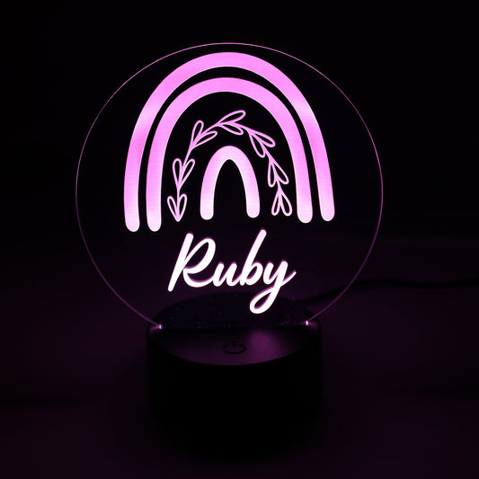 Rainbow Personalised Night Light in pink light