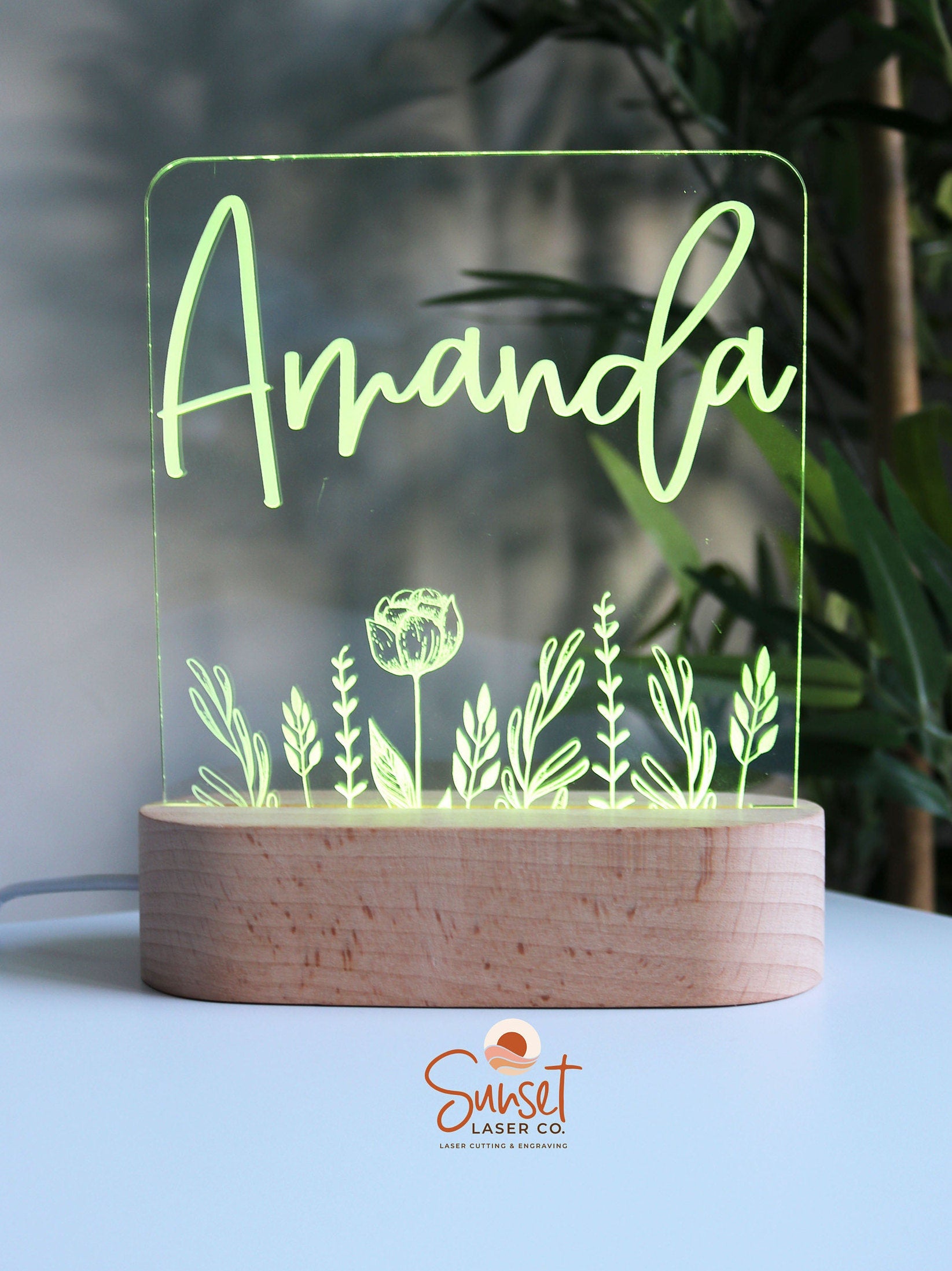 Wooden Personalised Night Light - Floral