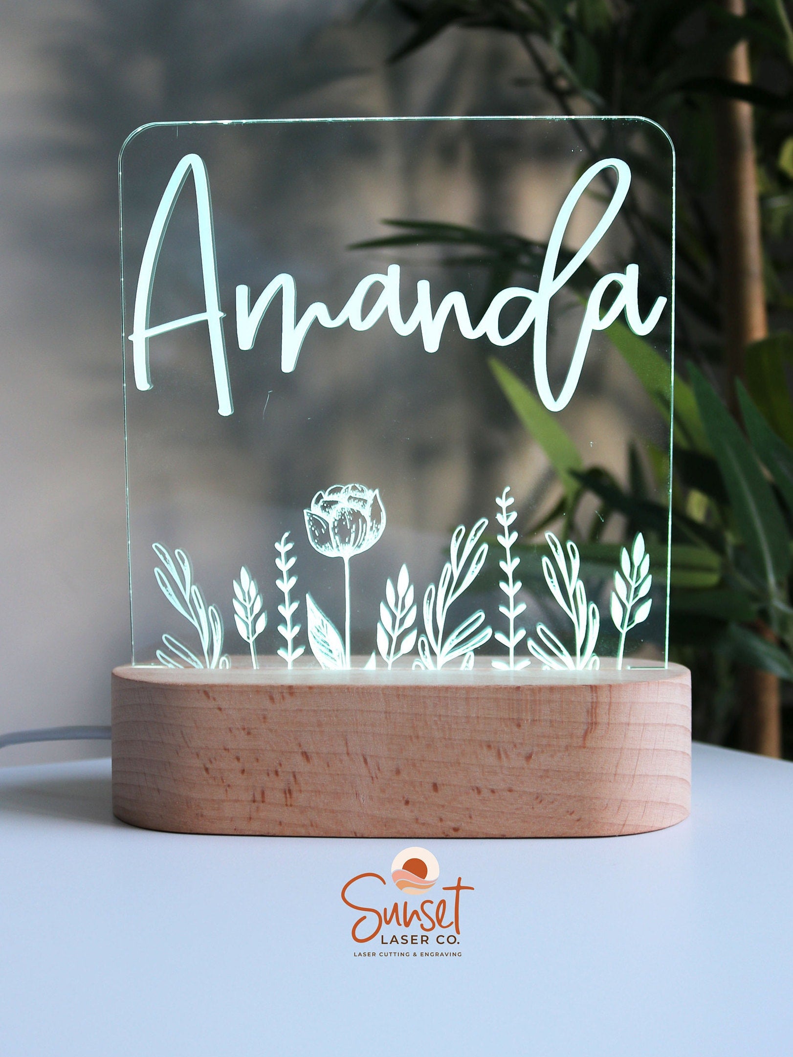 Wooden Personalised Night Light - Floral