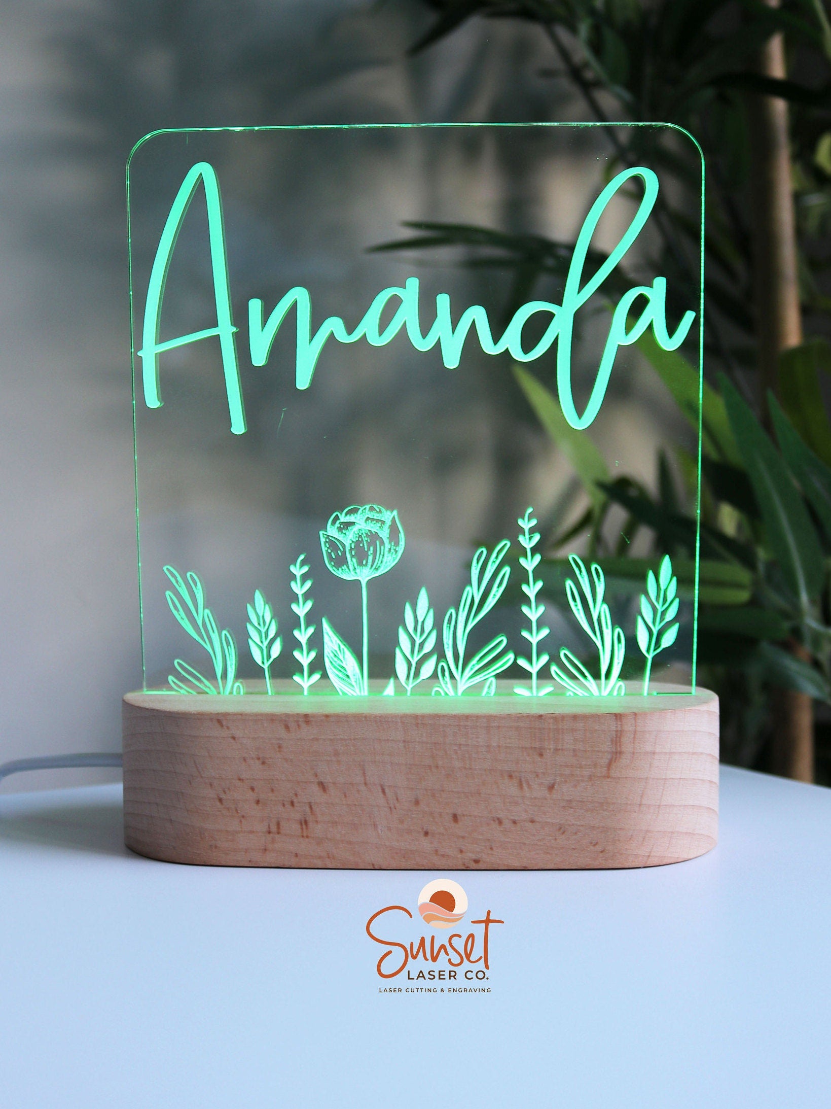 Wooden Personalised Night Light - Floral