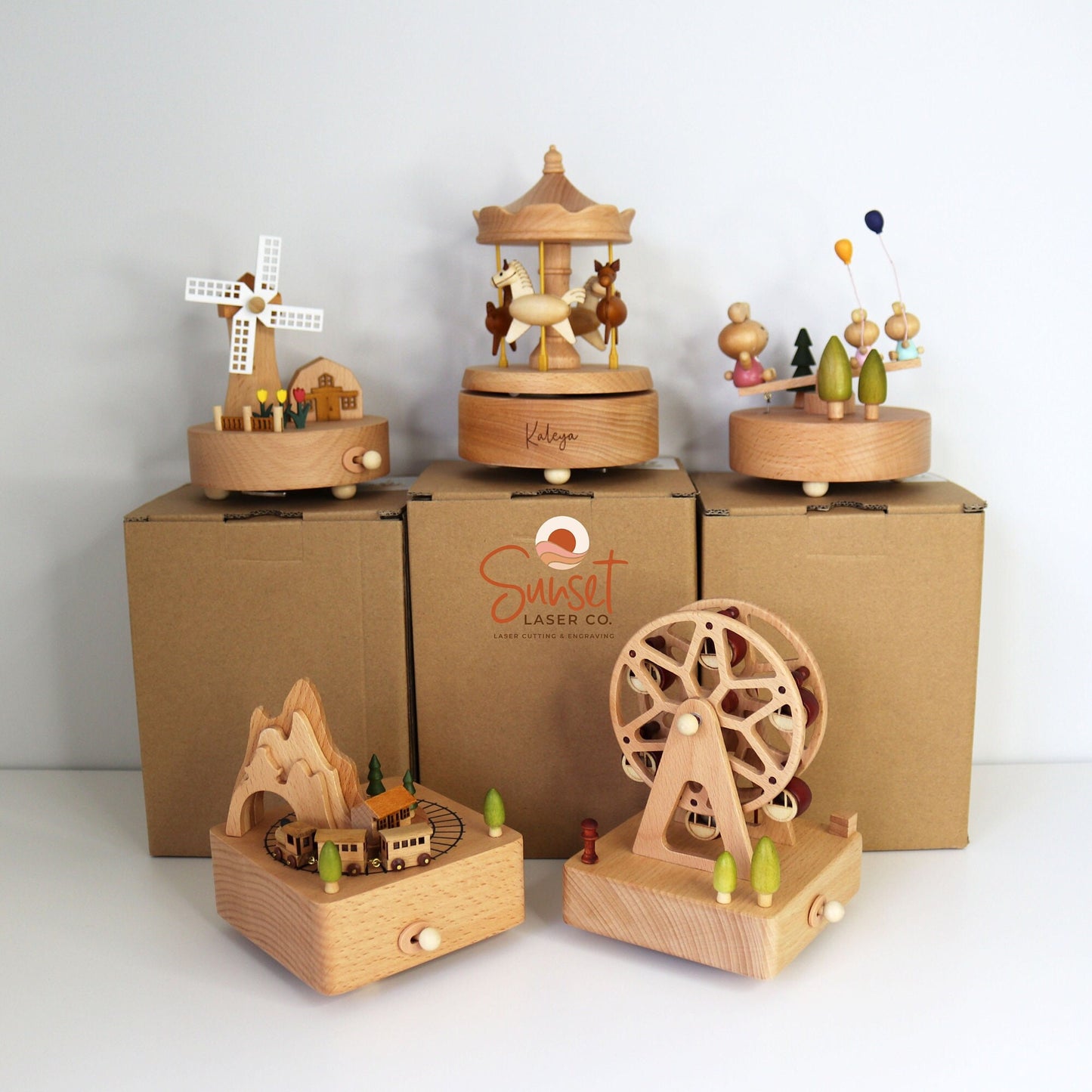 Personalised Wooden Musical Carousel Range by Sunset Laser Co including Windmill, Horse, See Saw, Train and Ferris Wheel Designs