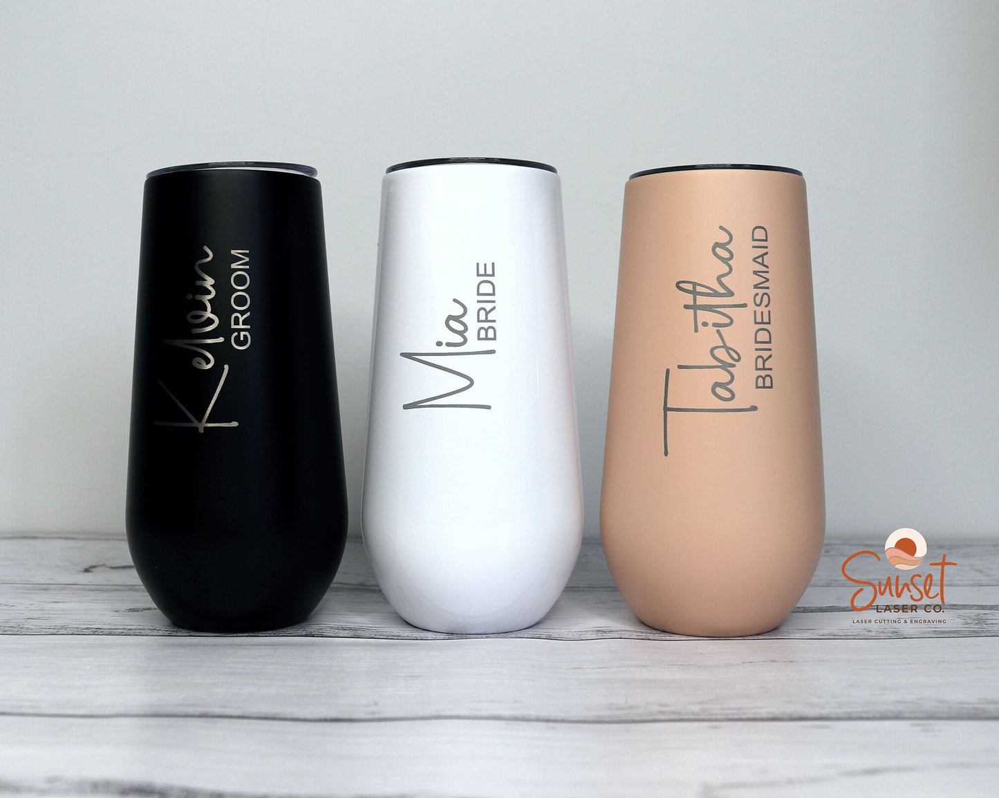 Stemless champagne flute with personalised engraving – wedding favour