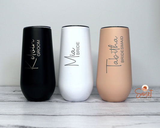 Stemless champagne flute with personalised engraving – wedding favour