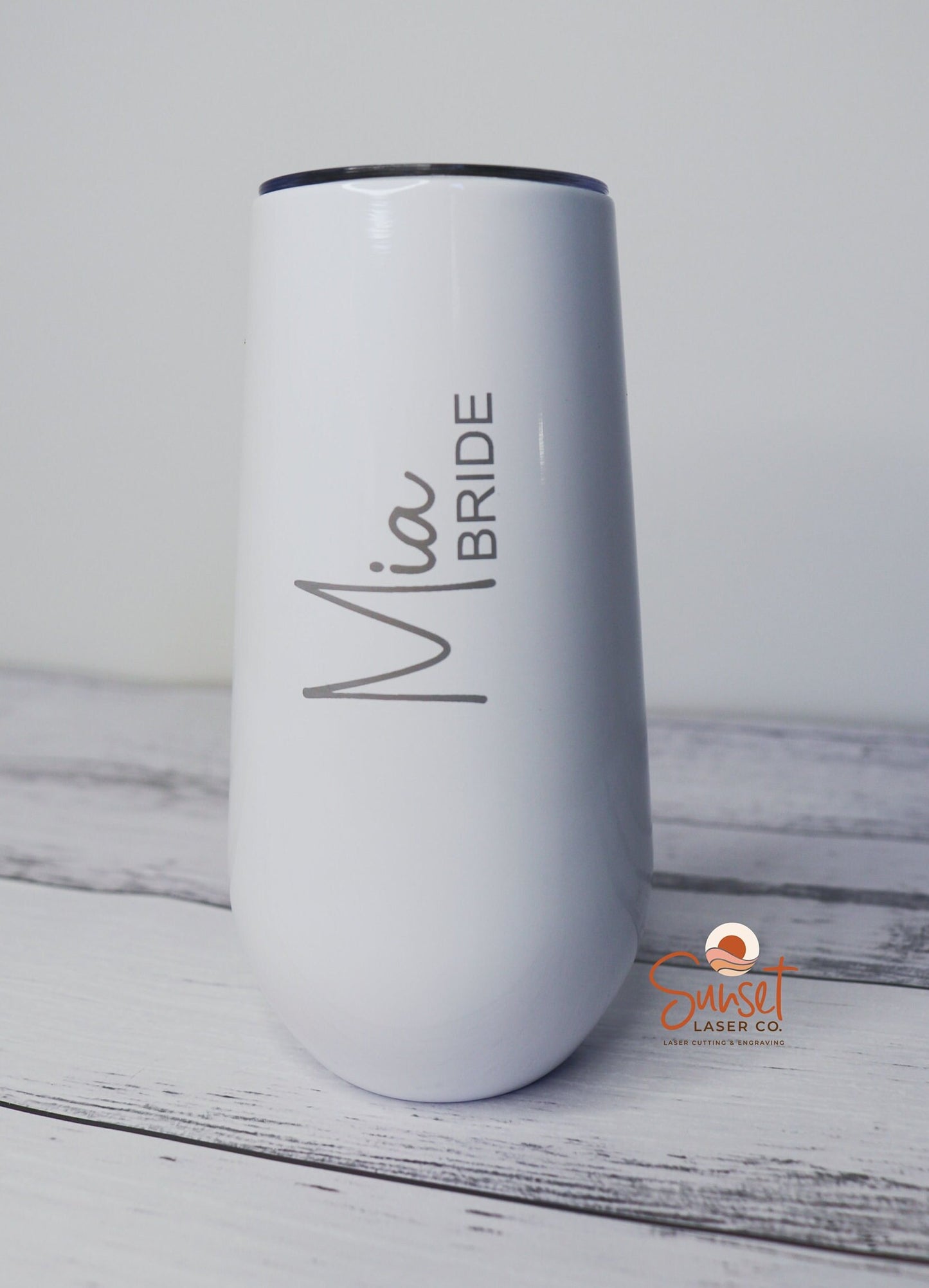 Bridesmaid gift – custom engraved 6oz champagne tumbler in white