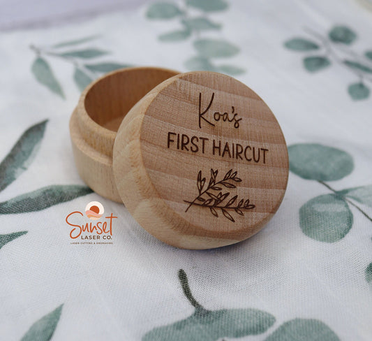 Wooden baby hair keepsake box with lid open