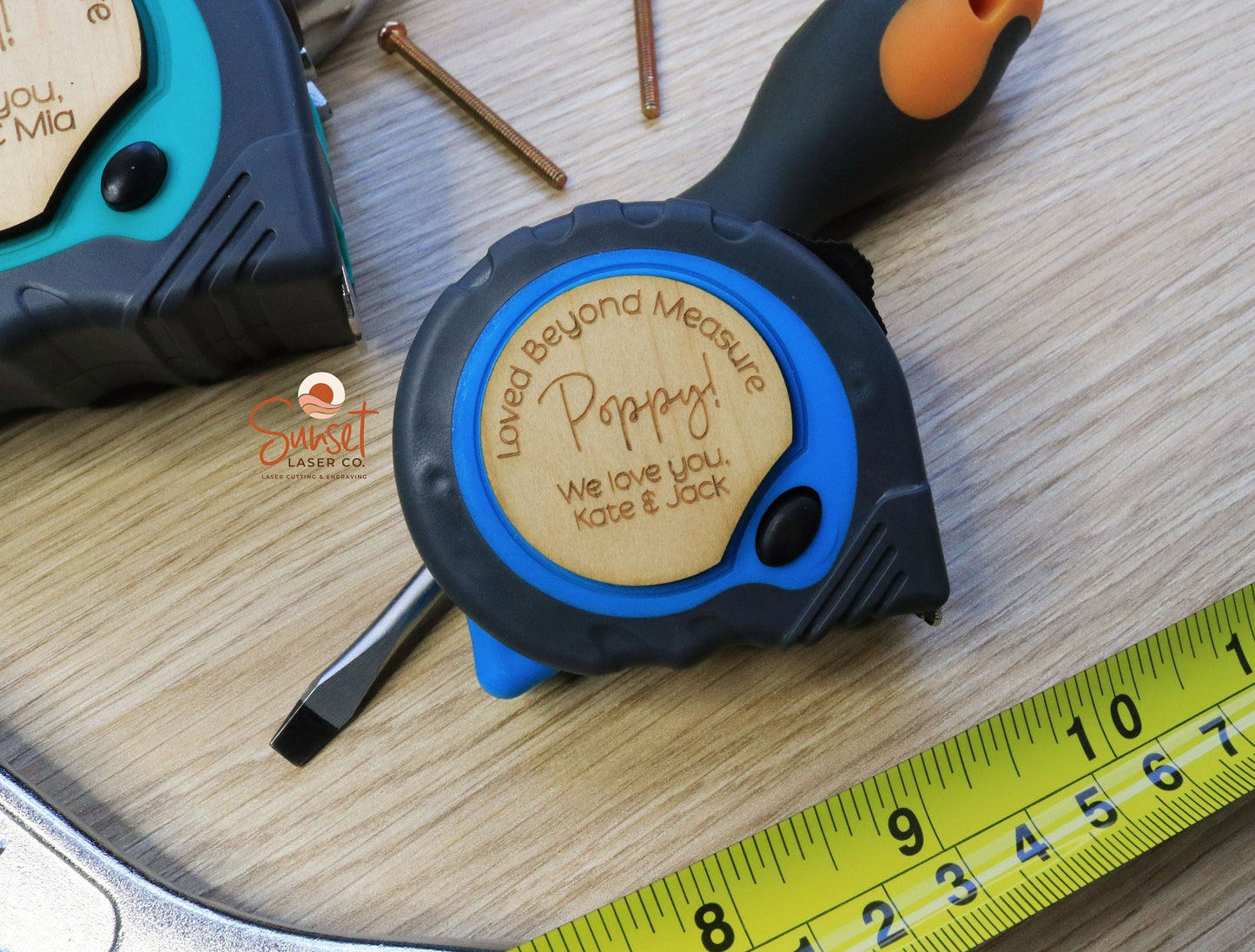 Custom engraved tape measure in blue, perfect gift for tradies or handymen