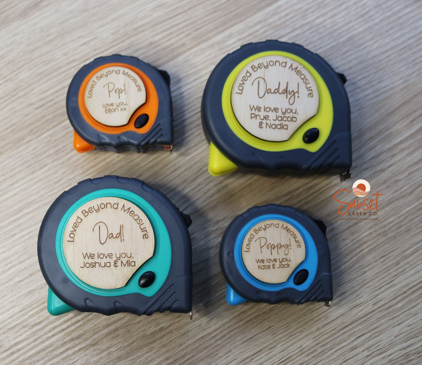 Personalised DIY tool gift – tape measures with custom engraving