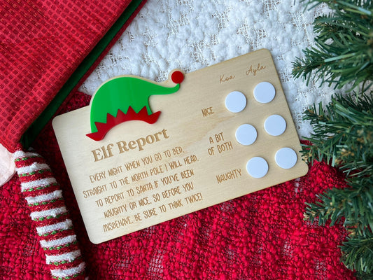 Christmas themed elf report board personalised with kids names 