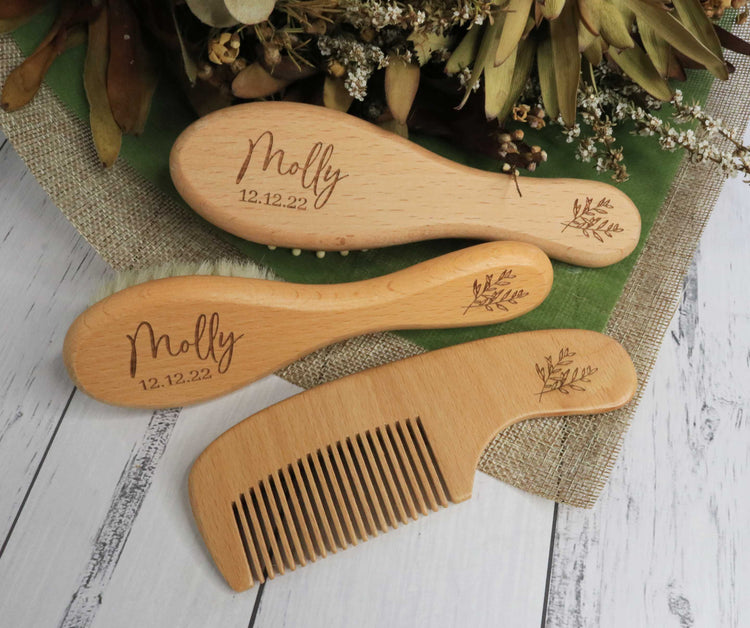 Personalised wooden baby brush set with engraved comb