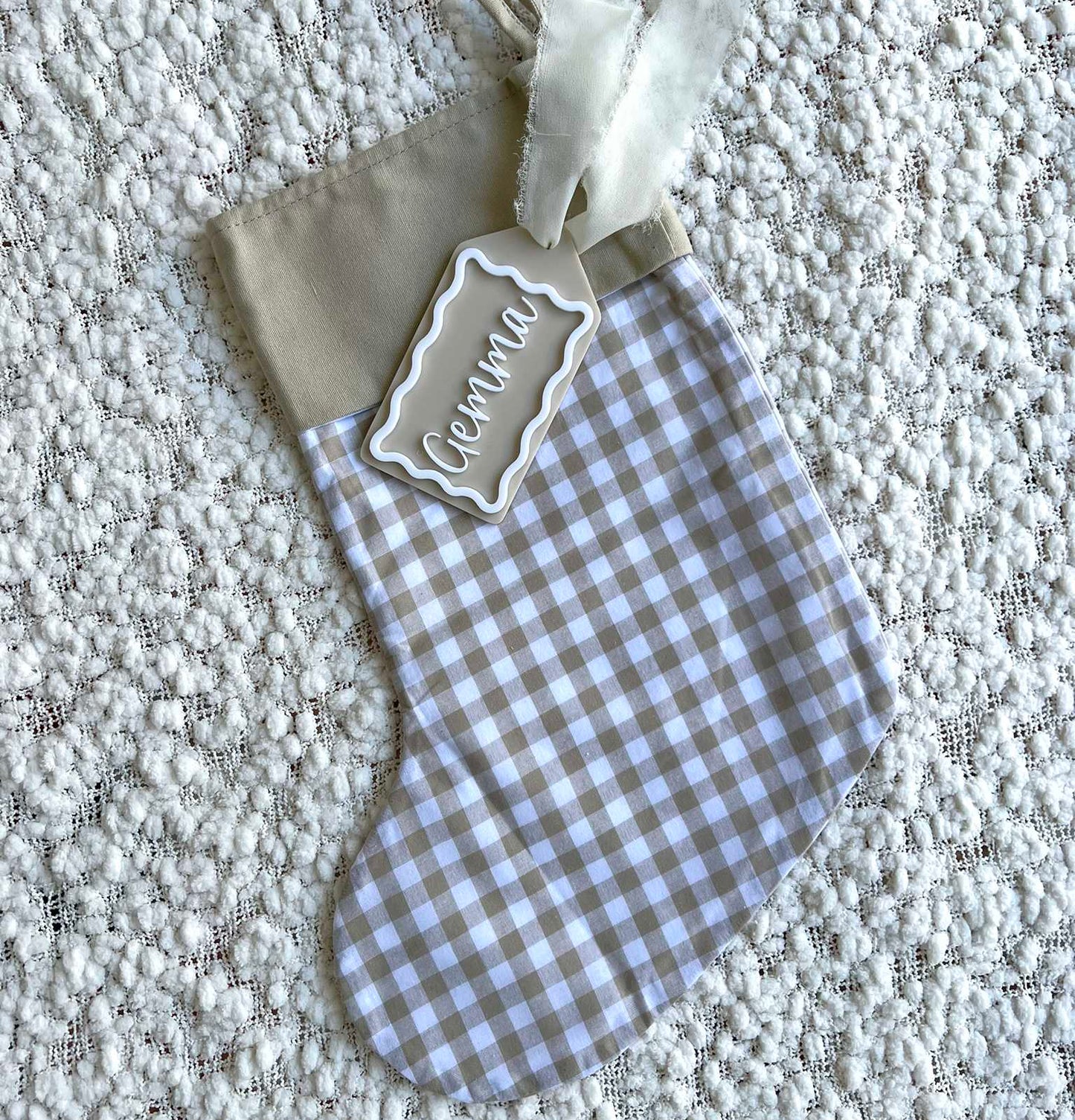 Beige Gingham Christmas Stocking with Matching Beige and White Acrylic Name Tag