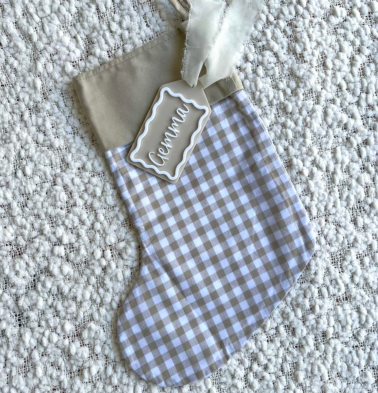 Beige Gingham Christmas Stocking with Matching Beige and White Acrylic Name Tag