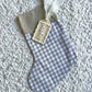 Beige Gingham Christmas Stocking with Matching Plywood and White Acrylic Name Tag