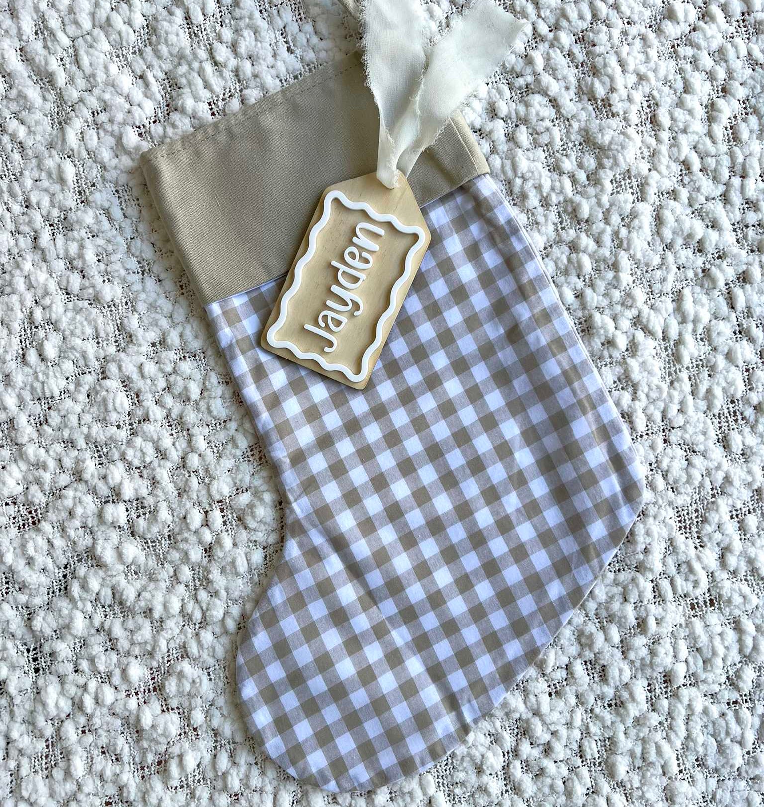 Beige Gingham Christmas Stocking with Matching Plywood and White Acrylic Name Tag