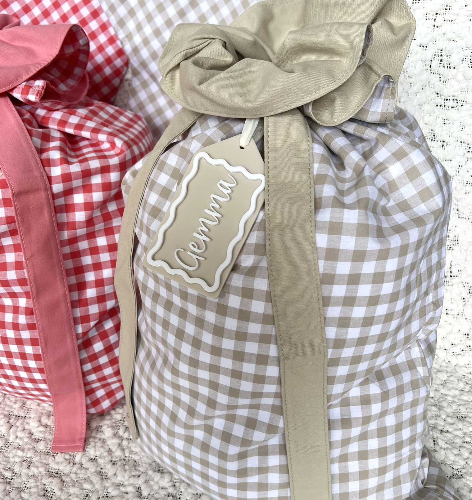 Beige Gingham Christmas Santa Sack with matching beige and white acrylic custom name tag
