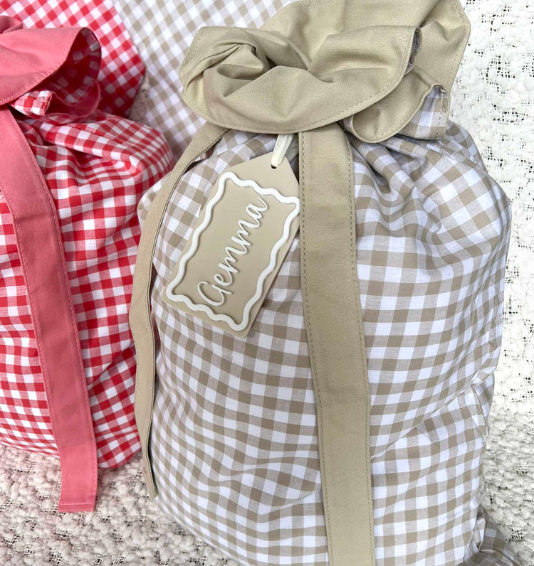 Beige Gingham Christmas Santa Sack with matching beige and white acrylic custom name tag