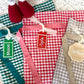 Gingham Christmas Santa Sack in Red Gingham, Green Gingham, and Beige Gingham with custom name tags