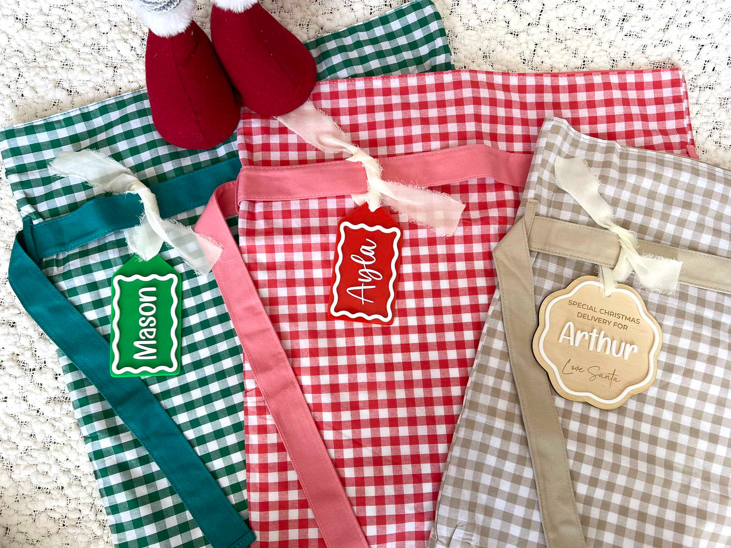 Gingham Christmas Santa Sack in Red Gingham, Green Gingham, and Beige Gingham with custom name tags