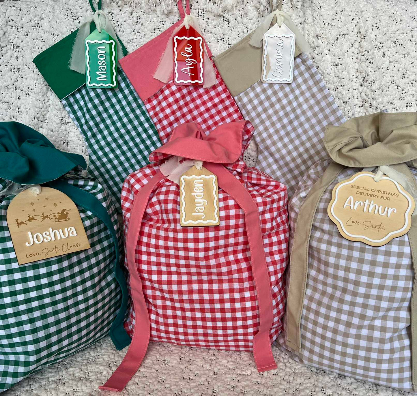 Gingham Christmas Stockings and Sacks with Custom Name Tags including Red Gingham, Green Gingham, and Beige Gingham