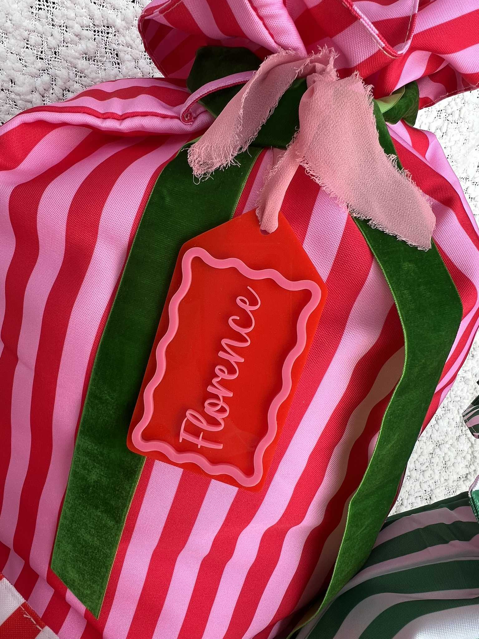 Pink and Red Candy Cane Stripe Christmas Santa Sack with Matching Custom Pink and Red Gift Tag