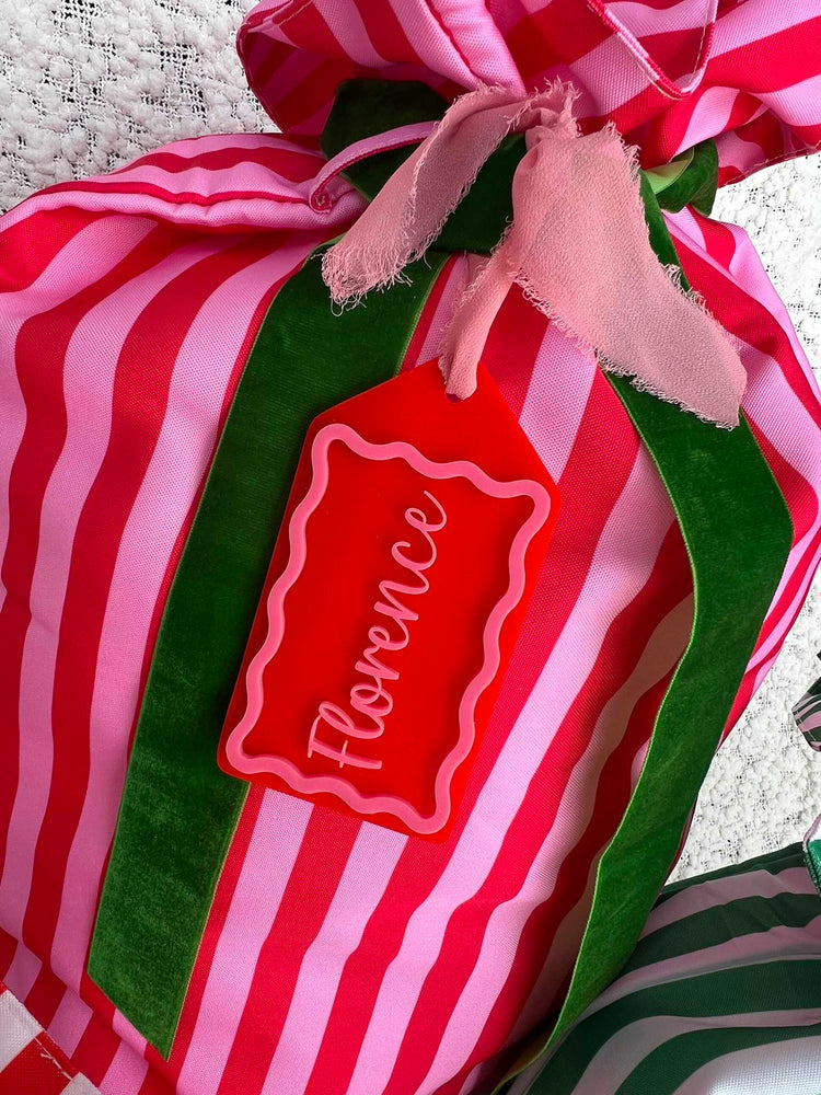Pink and Red Candy Cane Stripe Christmas Santa Sack with Matching Custom Pink and Red Gift Tag