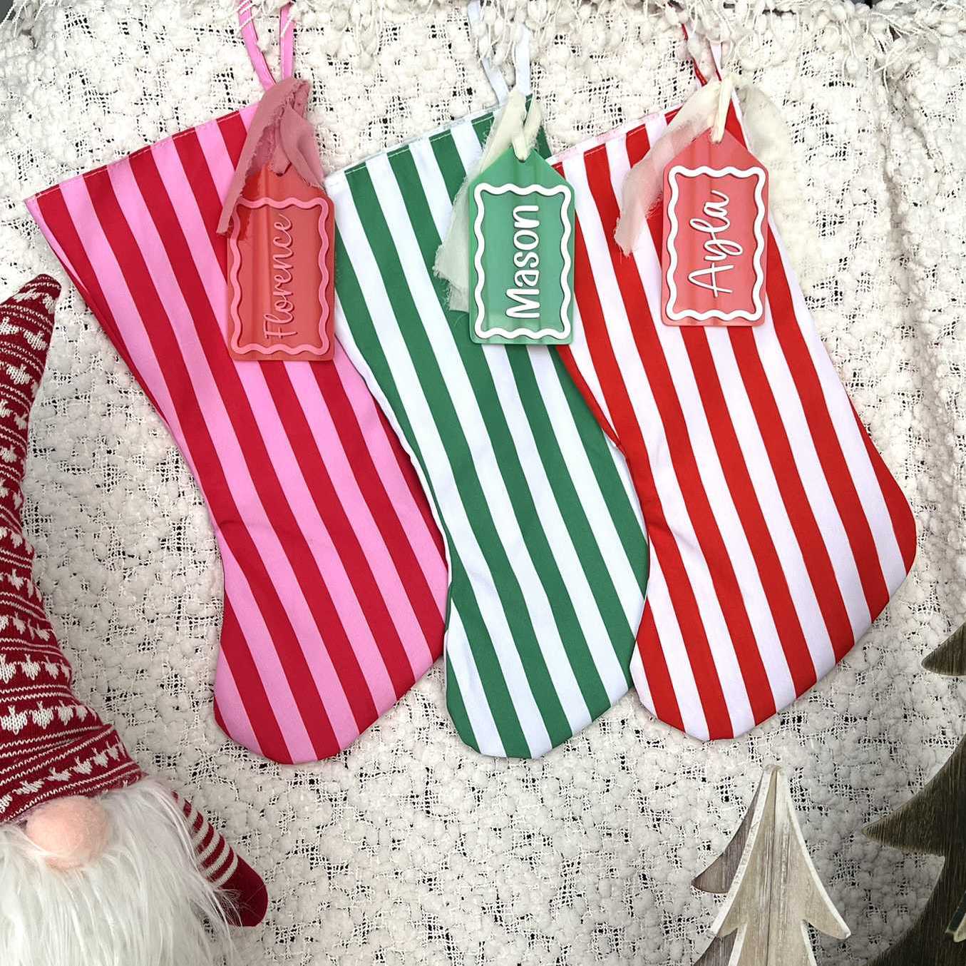 Candy Cane Stripe Christmas Stocking in Red and Pink, Red and White and Green and White with Custom Matching Acrylic Name Tags