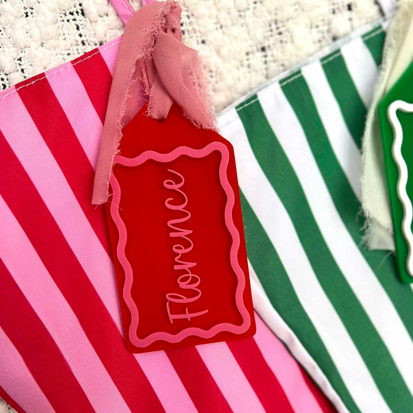Red and Pink Candy Cane Stripe Christmas Stocking with Matching Custom Acrylic Gift Tag