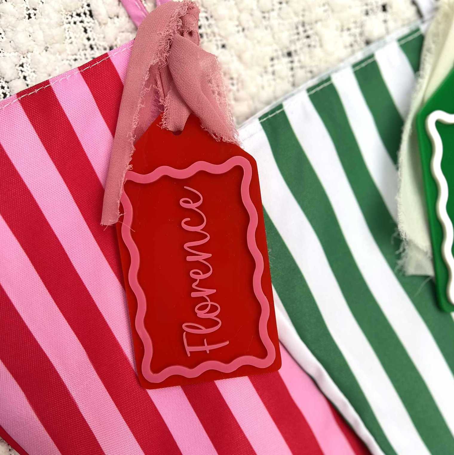 Red and Pink Candy Cane Stripe Christmas Stocking with Matching Custom Acrylic Gift Tag