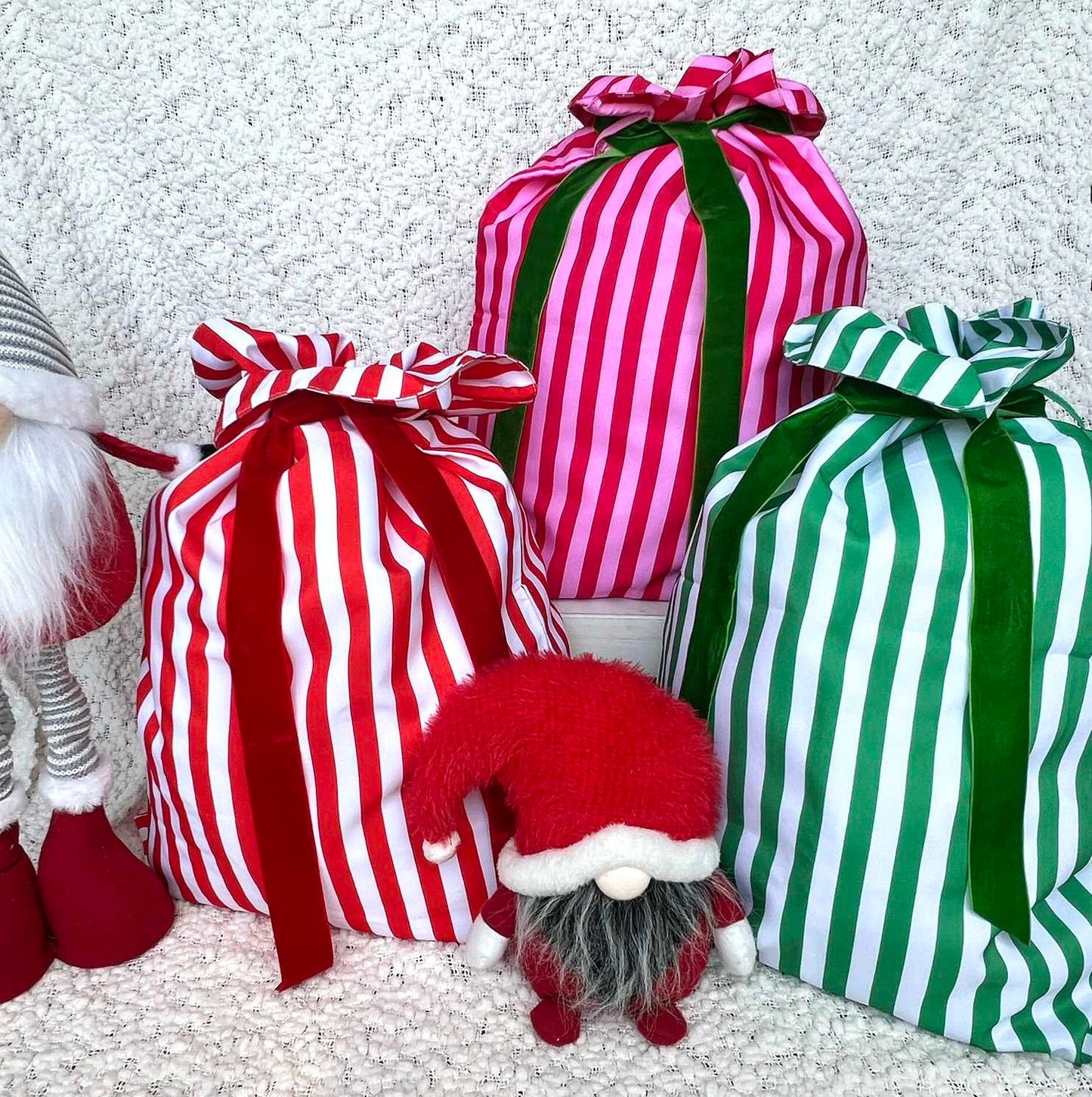 Stipe Christmas Santa Sacks in Red and White, Red and Pink and Green & White.