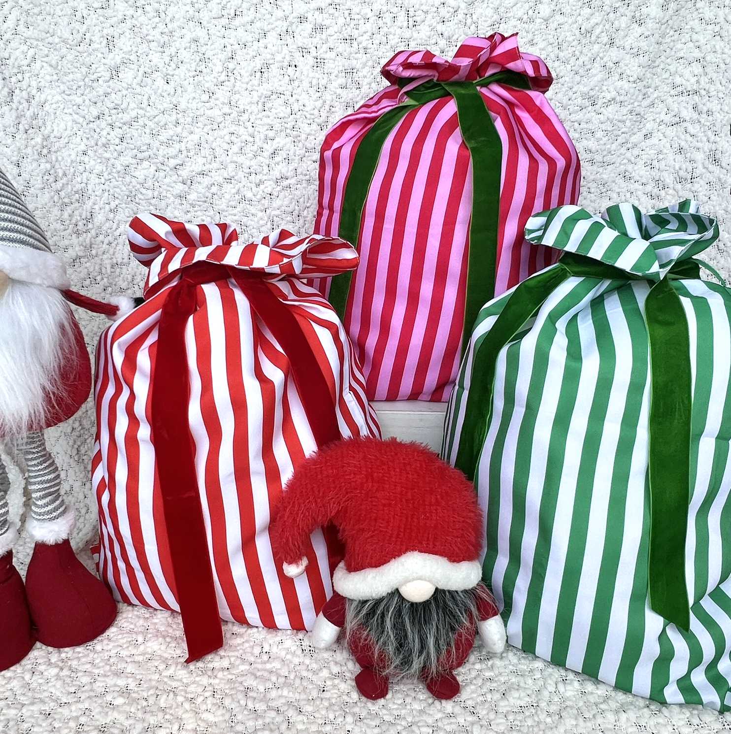 Stipe Christmas Santa Sacks in Red and White, Red and Pink and Green & White.