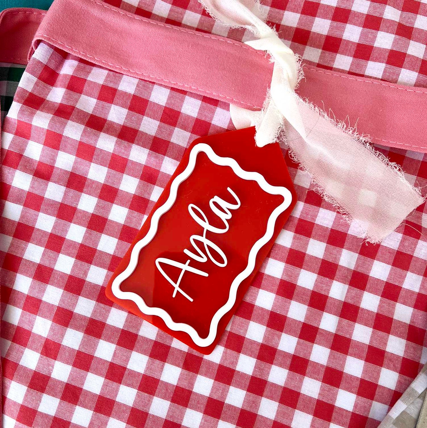 Red Gingham Christmas Santa Sack with Red and White Custom Name Tag