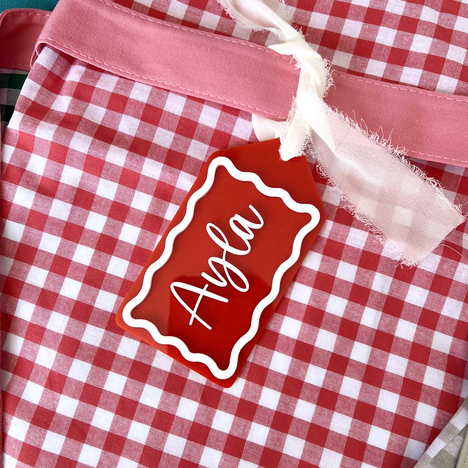 Red Gingham Christmas Santa Sack with Red and White Custom Name Tag