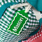 Green Gingham Santa Sack with Custom Acrylic Green and White Name Gift Tag