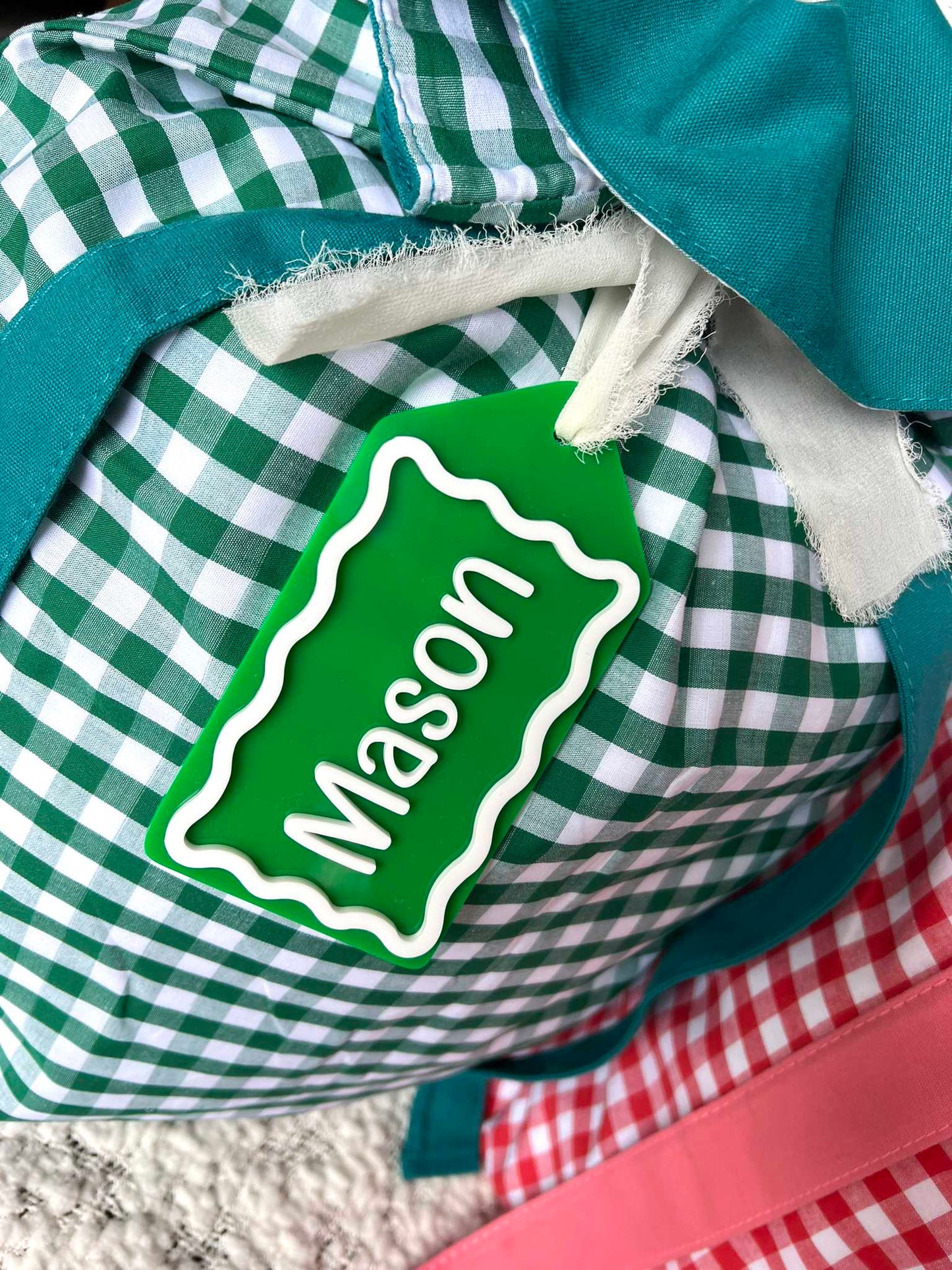 Green Gingham Santa Sack with Custom Acrylic Green and White Name Gift Tag