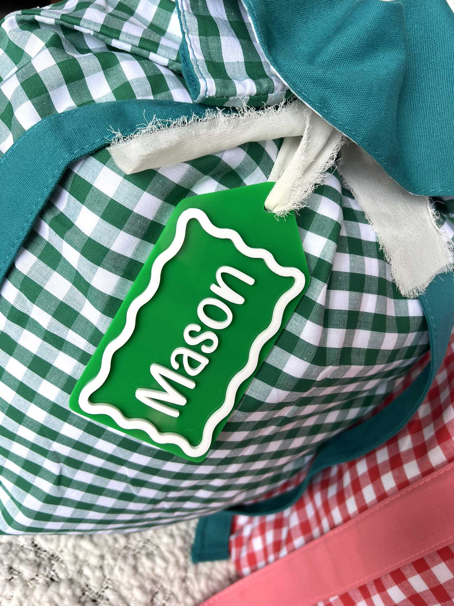 Green Gingham Santa Sack with Custom Acrylic Green and White Name Gift Tag