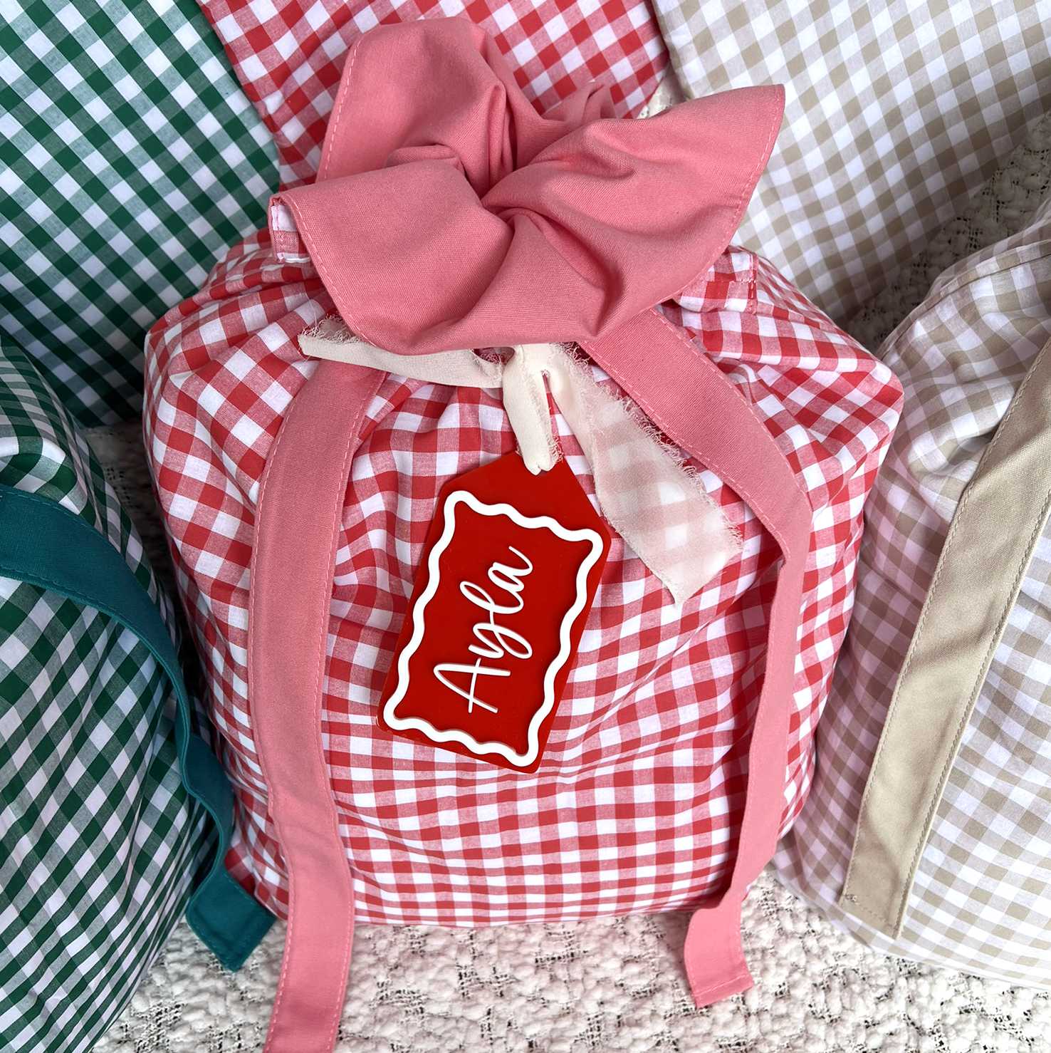 Red Gingham Cotton Christmas Santa Sack with Custom Red and White Name Tag
