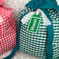Green Cotton Gingham Christmas Santa Sack with Custom Green and White Gift Tag